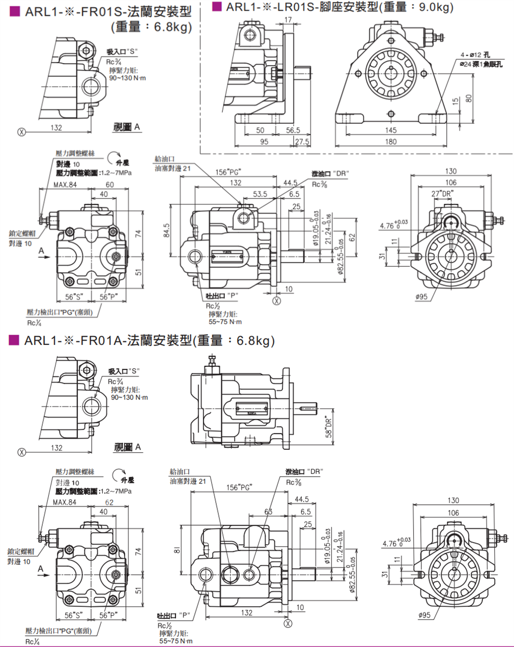 台湾油研ARL1系列柱塞泵安装尺寸