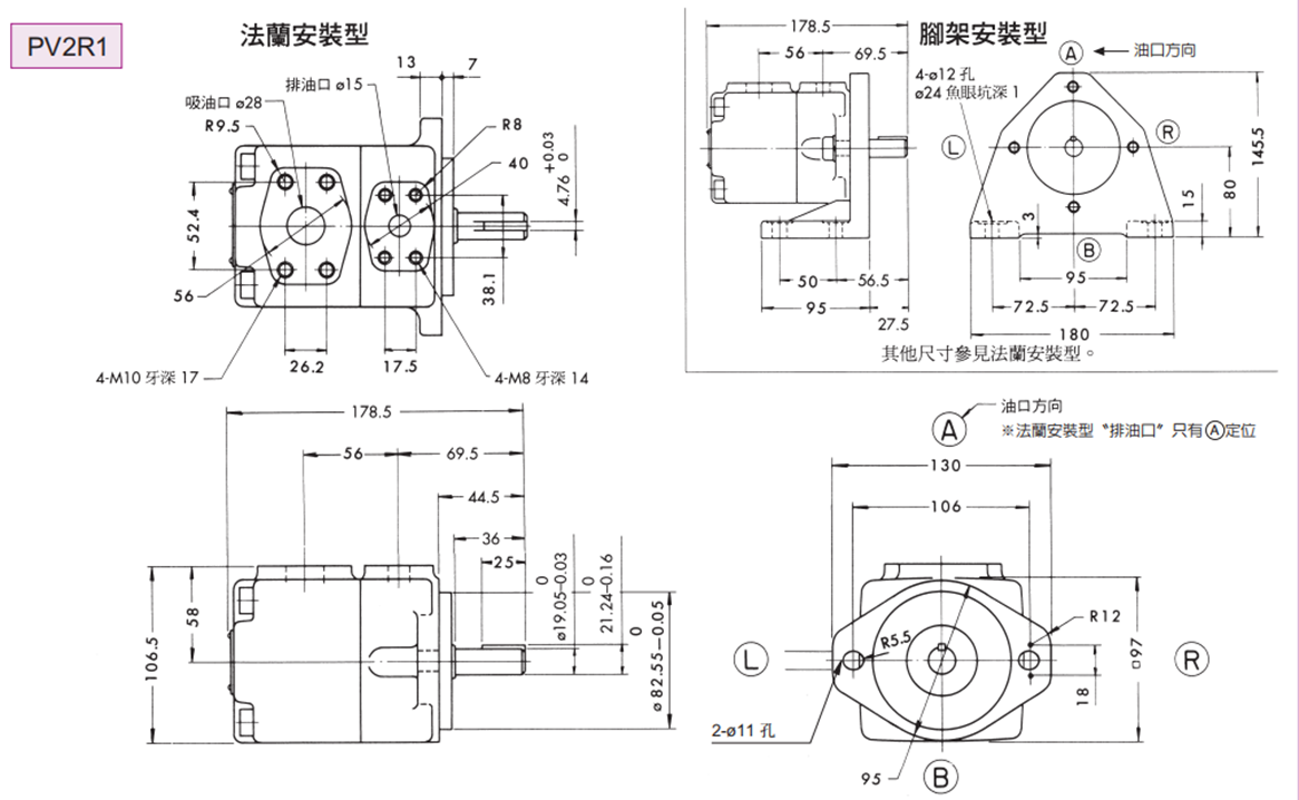 台湾油研叶片泵PV2R1系列安装尺寸