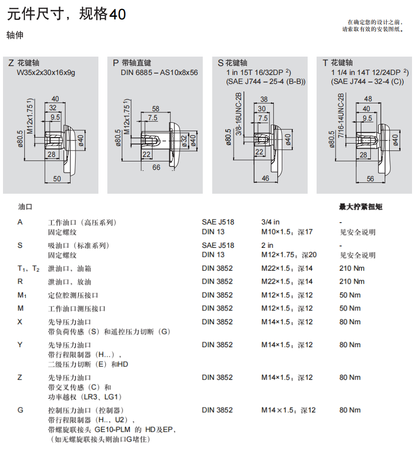 A11VO40系列力士乐柱塞泵元件尺寸,规格40轴伸